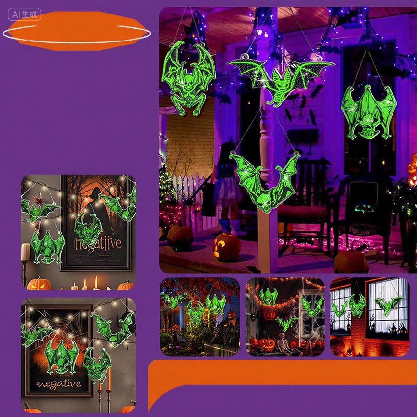 9PCS Light-Up Diamond Painting Hanging Set with pumpkins, ghosts, and bats. Perfect DIY décor for Halloween, parties, and festive celebrations.