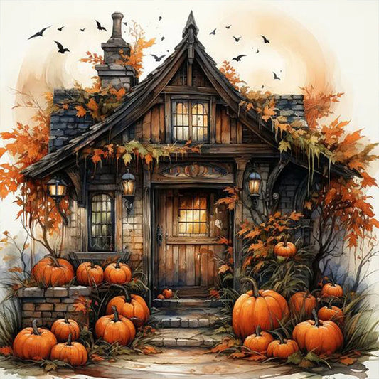 Halloween Pumpkin Street Diamond Painting Kit with glowing pumpkins, lanterns, and autumn décor. Fun diamond art kit for adults and Halloween décor.