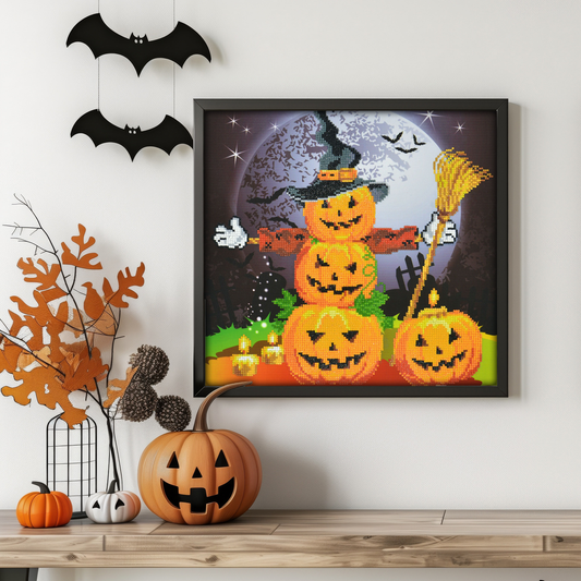 Halloween Scarecrow Diamond Painting Kit with pumpkins, bats, and autumn décor. Fun diamond art kit for adults, perfect for Halloween décor and gifts.