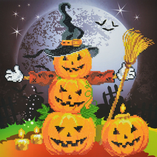 Halloween Scarecrow Diamond Painting Kit with pumpkins, bats, and autumn décor. Fun diamond art kit for adults, perfect for Halloween décor and gifts.