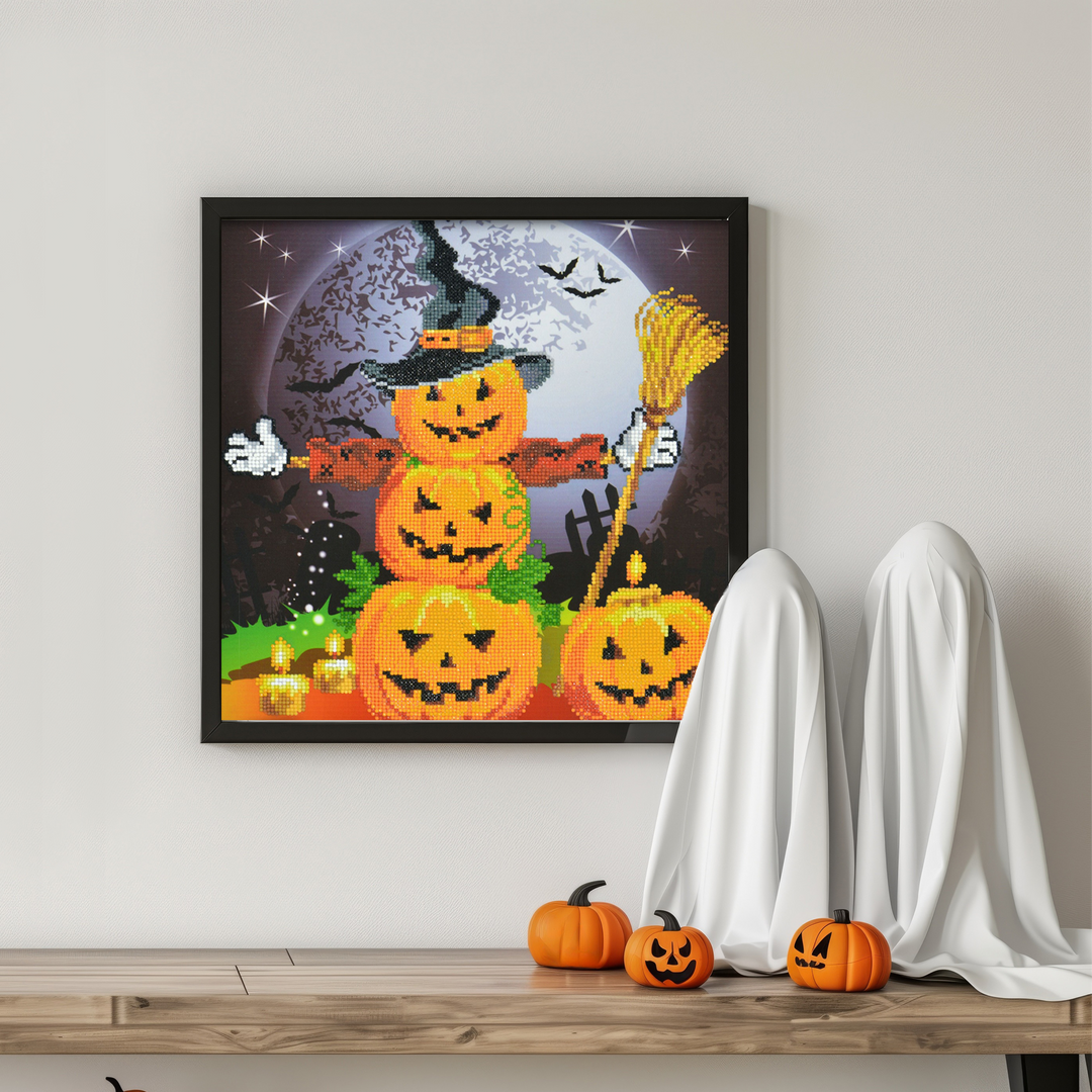 Halloween Scarecrow Diamond Painting Kit with pumpkins, bats, and autumn décor. Fun diamond art kit for adults, perfect for Halloween décor and gifts.