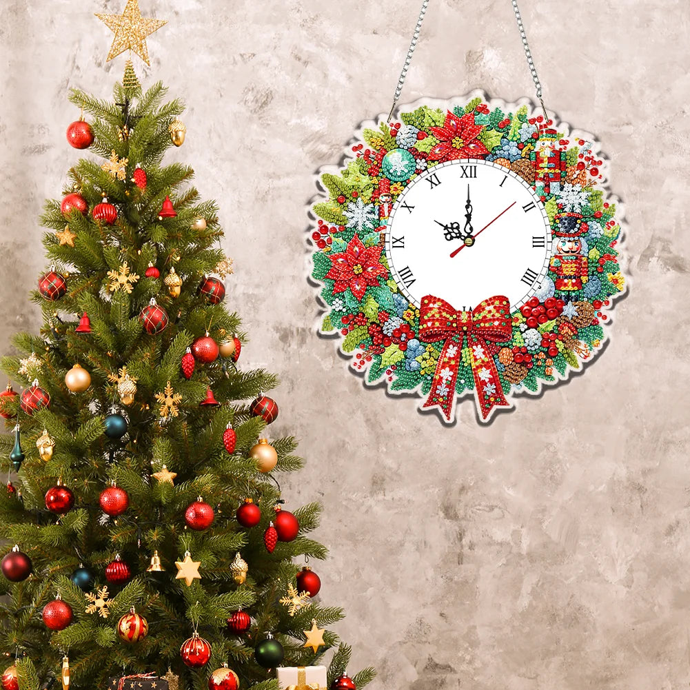 🎄✨2D Flat DIY Christmas Wreath Acrylic Diamond Painting Clock Pendant Home Decor✨🎄