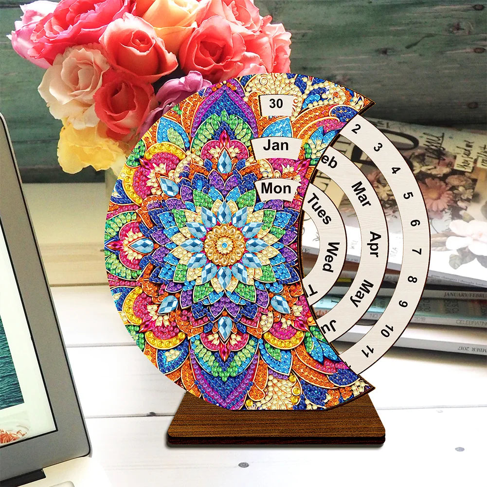 Mandala Diamond Painting Unique Wooden Rotating Calendar for Home Office