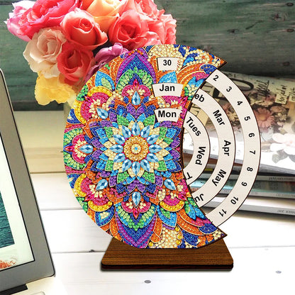 Mandala Diamond Painting Unique Wooden Rotating Calendar for Home Office