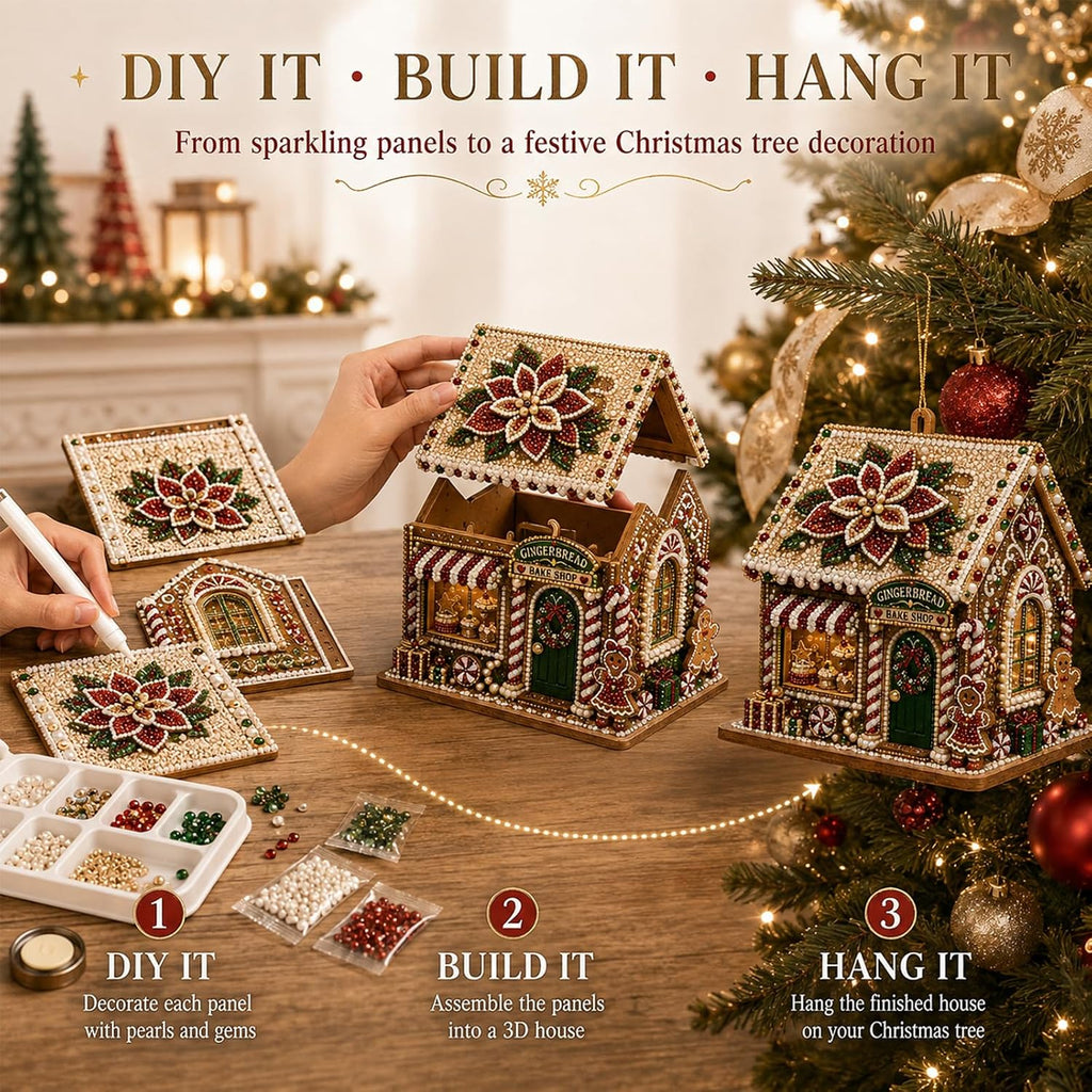 3D Christmas House Pearl & Diamond Painting Kit – DIY Wooden Holiday Craft