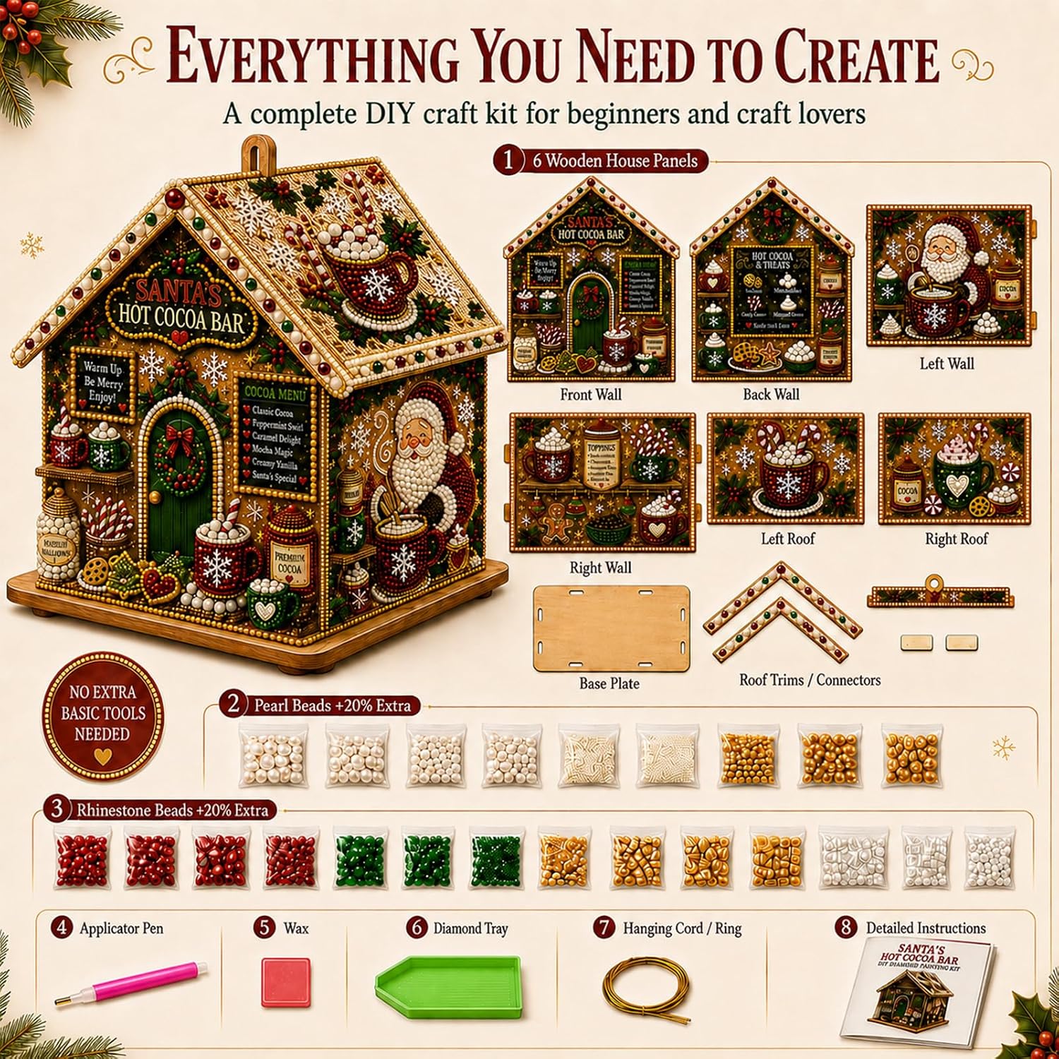 3D Christmas House Pearl & Diamond Painting Kit – DIY Wooden Holiday Craft