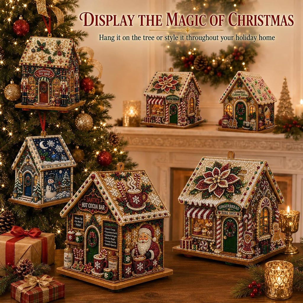 3D Christmas House Pearl & Diamond Painting Kit – DIY Wooden Holiday Craft