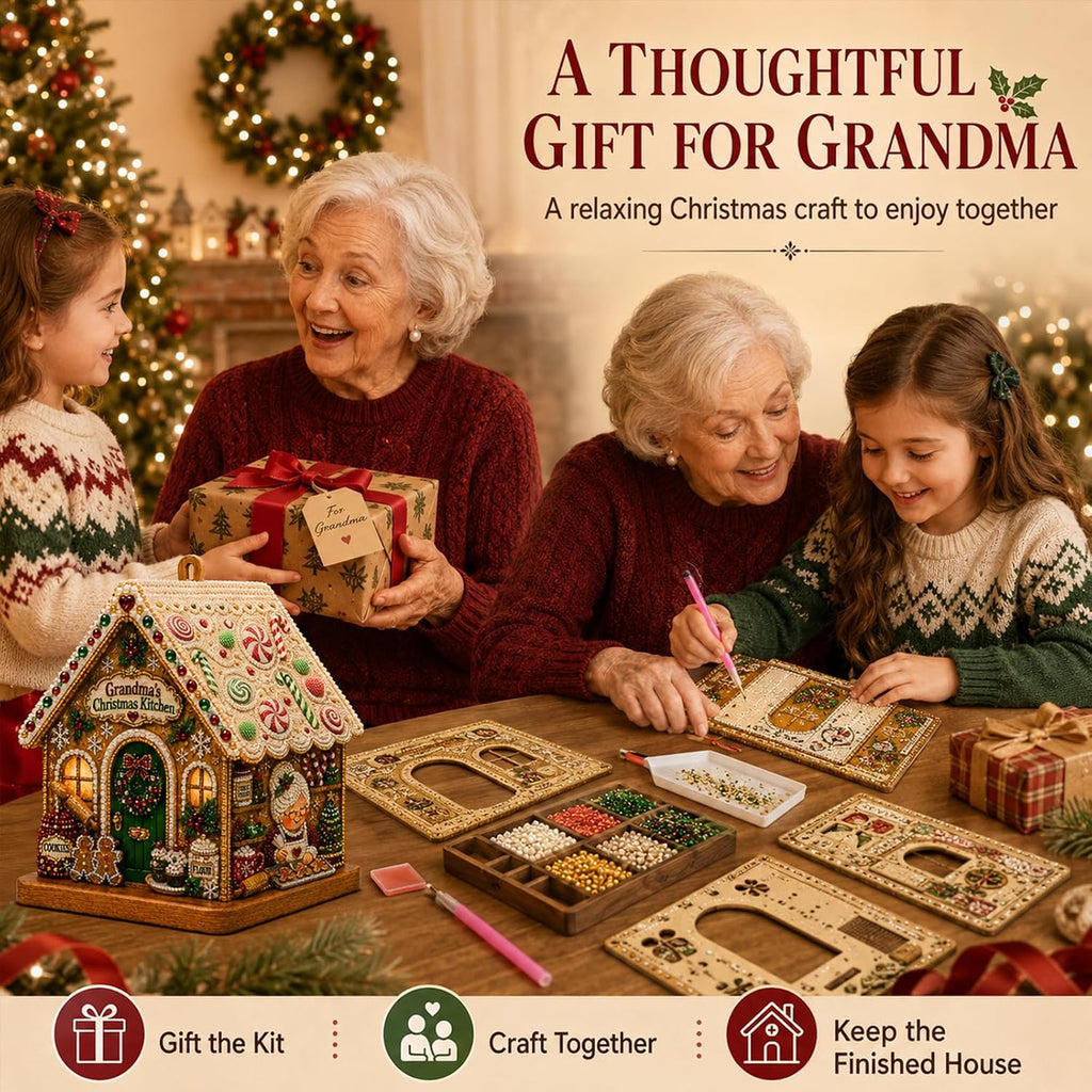 3D Christmas House Pearl & Diamond Painting Kit – DIY Wooden Holiday Craft