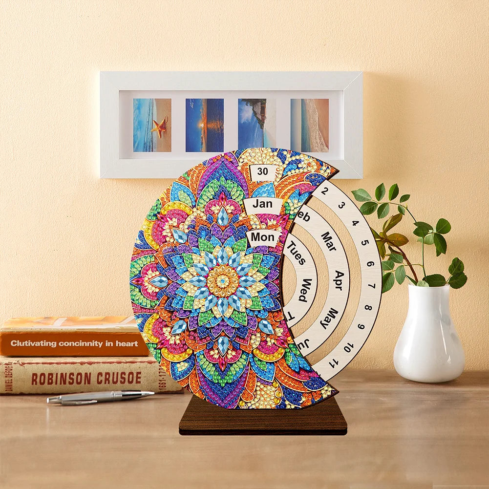 Mandala Diamond Painting Unique Wooden Rotating Calendar for Home Office