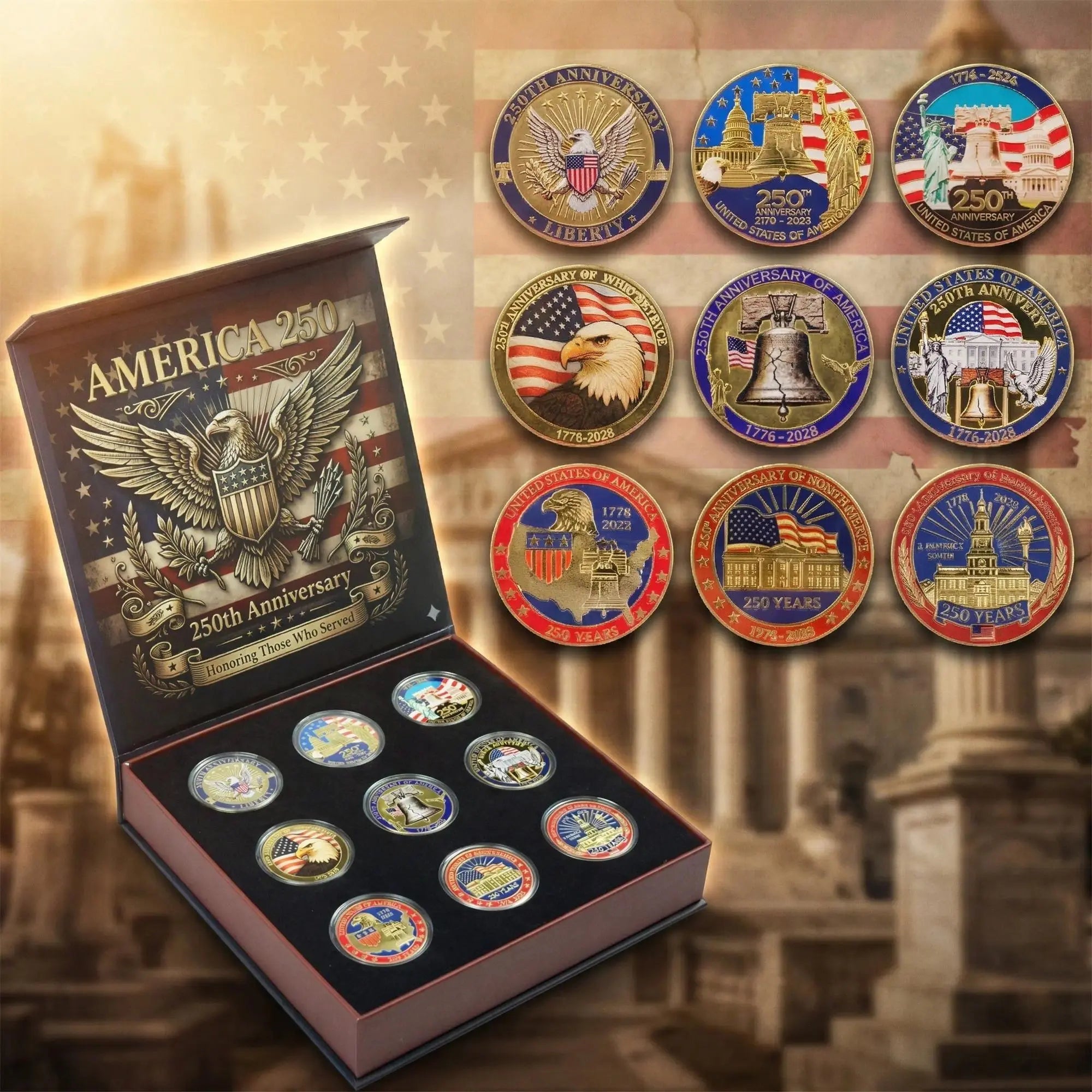 America 250th Anniversary Commemorative Coin Set – 9 Piece Collector’s Edition
