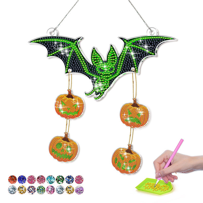 9PCS Light-Up Diamond Painting Hanging Set with pumpkins, ghosts, and bats. Perfect DIY décor for Halloween, parties, and festive celebrations.
