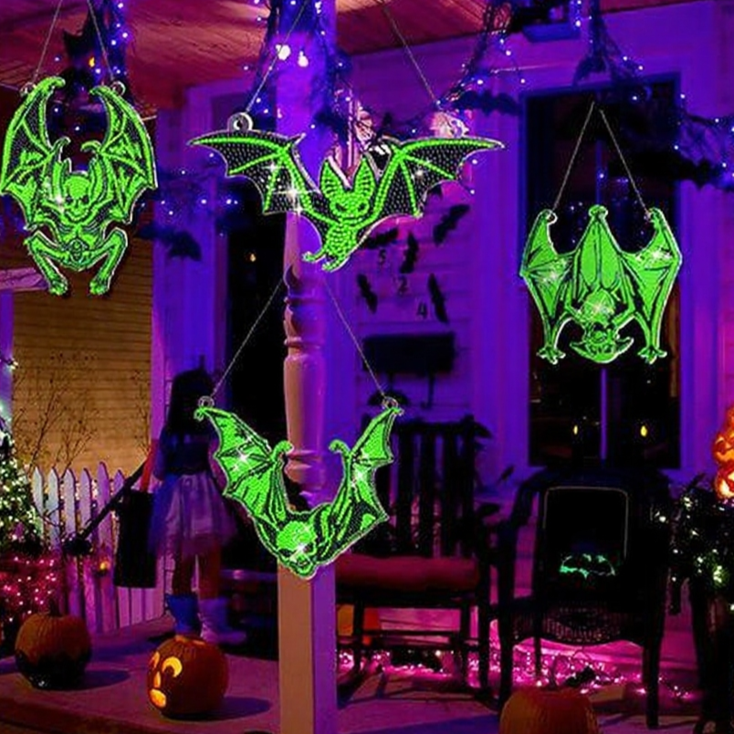 9PCS Light-Up Diamond Painting Hanging Set with pumpkins, ghosts, and bats. Perfect DIY décor for Halloween, parties, and festive celebrations.