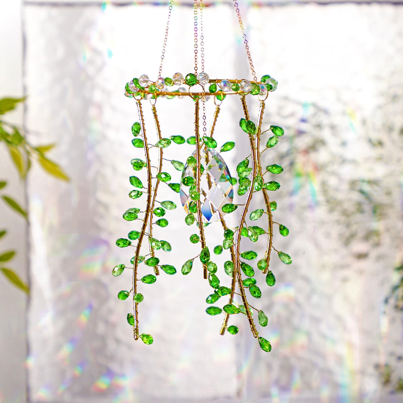 Crystal Suncatcher for Window – Boho Plant & Rainbow Decor