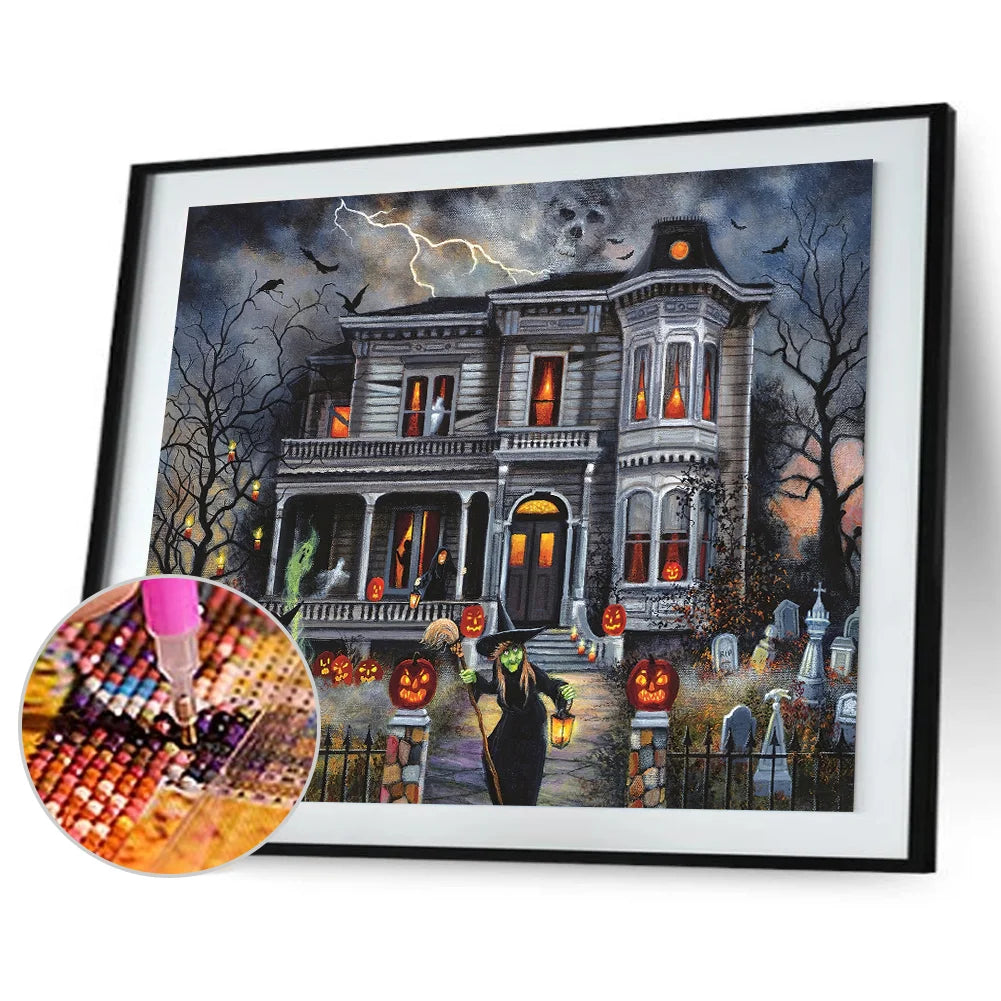Spooky haunted house with pumpkins and bats under the moon. A fun Halloween diamond painting kit for adults.