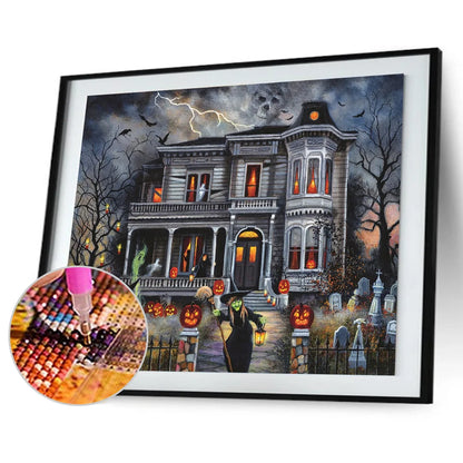 Spooky haunted house with pumpkins and bats under the moon. A fun Halloween diamond painting kit for adults.