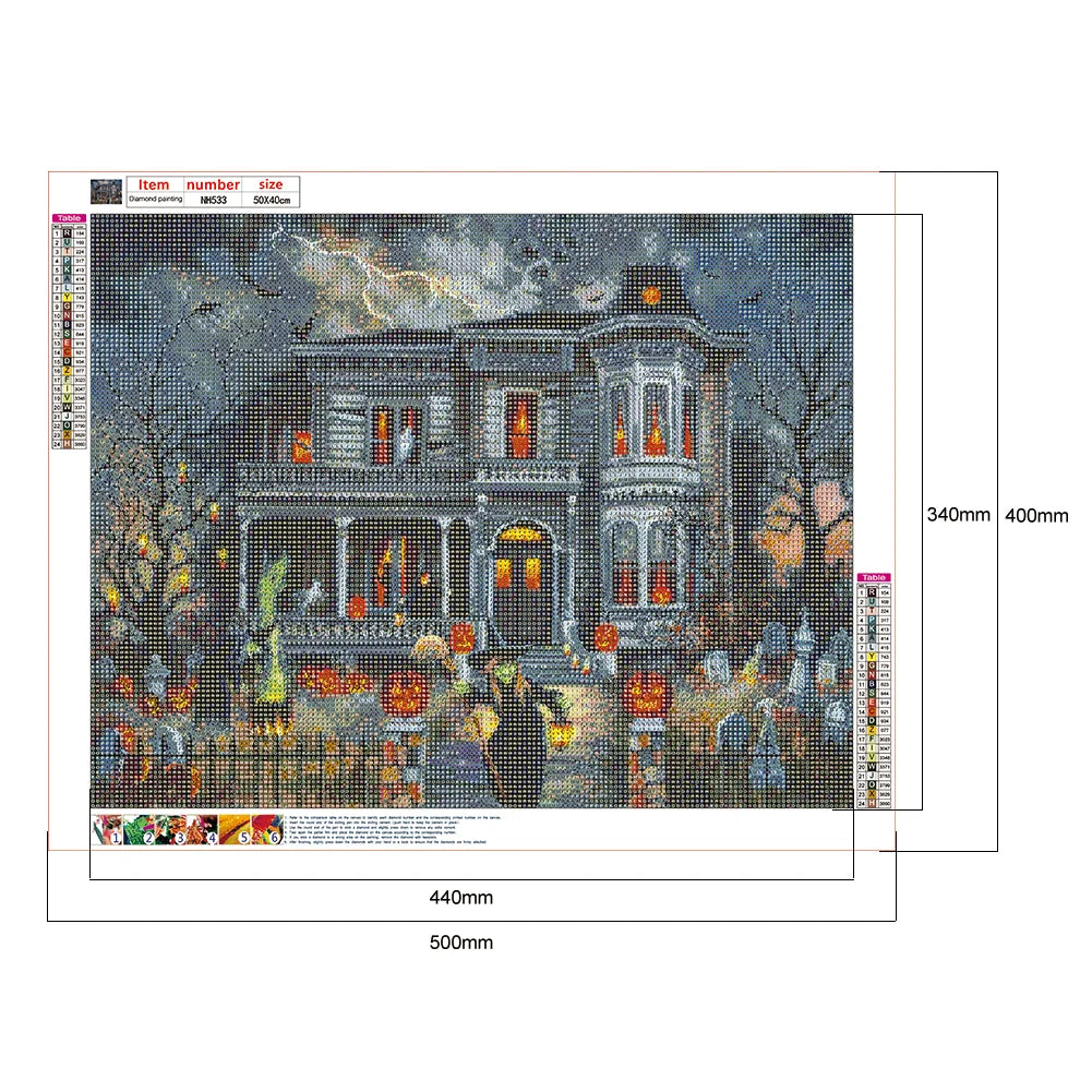Spooky haunted house with pumpkins and bats under the moon. A fun Halloween diamond painting kit for adults.