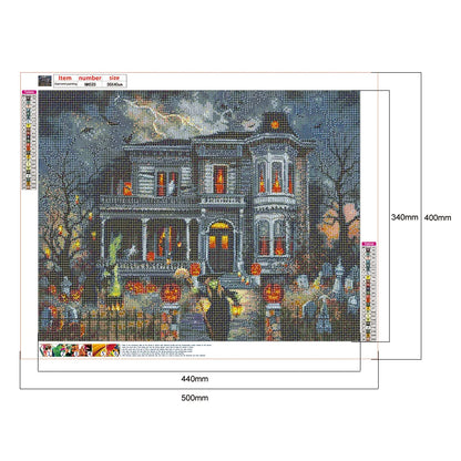 Spooky haunted house with pumpkins and bats under the moon. A fun Halloween diamond painting kit for adults.