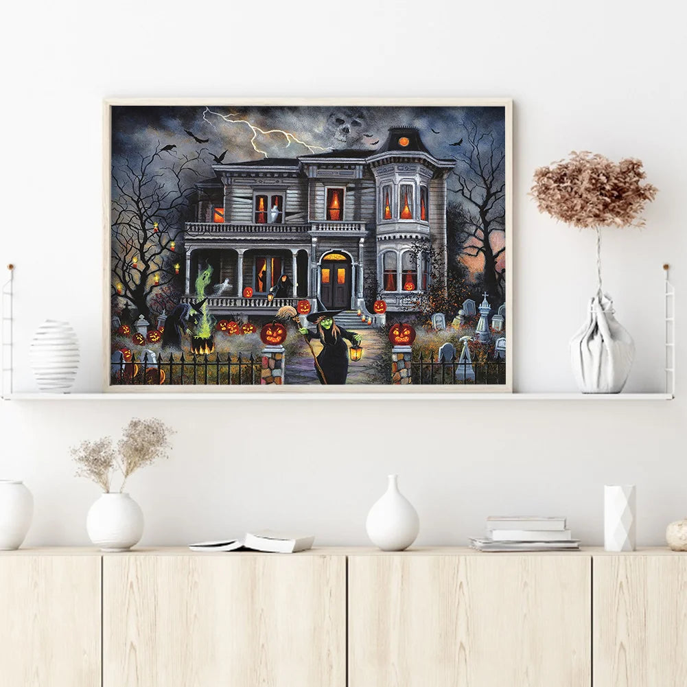 Spooky haunted house with pumpkins and bats under the moon. A fun Halloween diamond painting kit for adults.