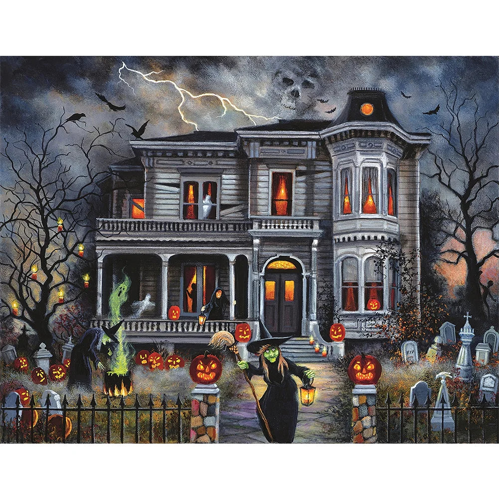 Spooky haunted house with pumpkins and bats under the moon. A fun Halloween diamond painting kit for adults.
