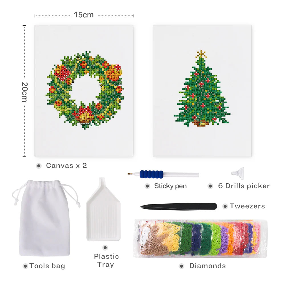 Create sparkling holiday décor with our Mini Diamond Painting kit . Features festive wreath and tree designs, perfect for DIY fun, gifts, and seasonal home décor.