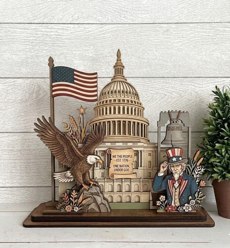 4th of July Patriotic Layered Wood Sign – USA 250th Anniversary Desk Decor