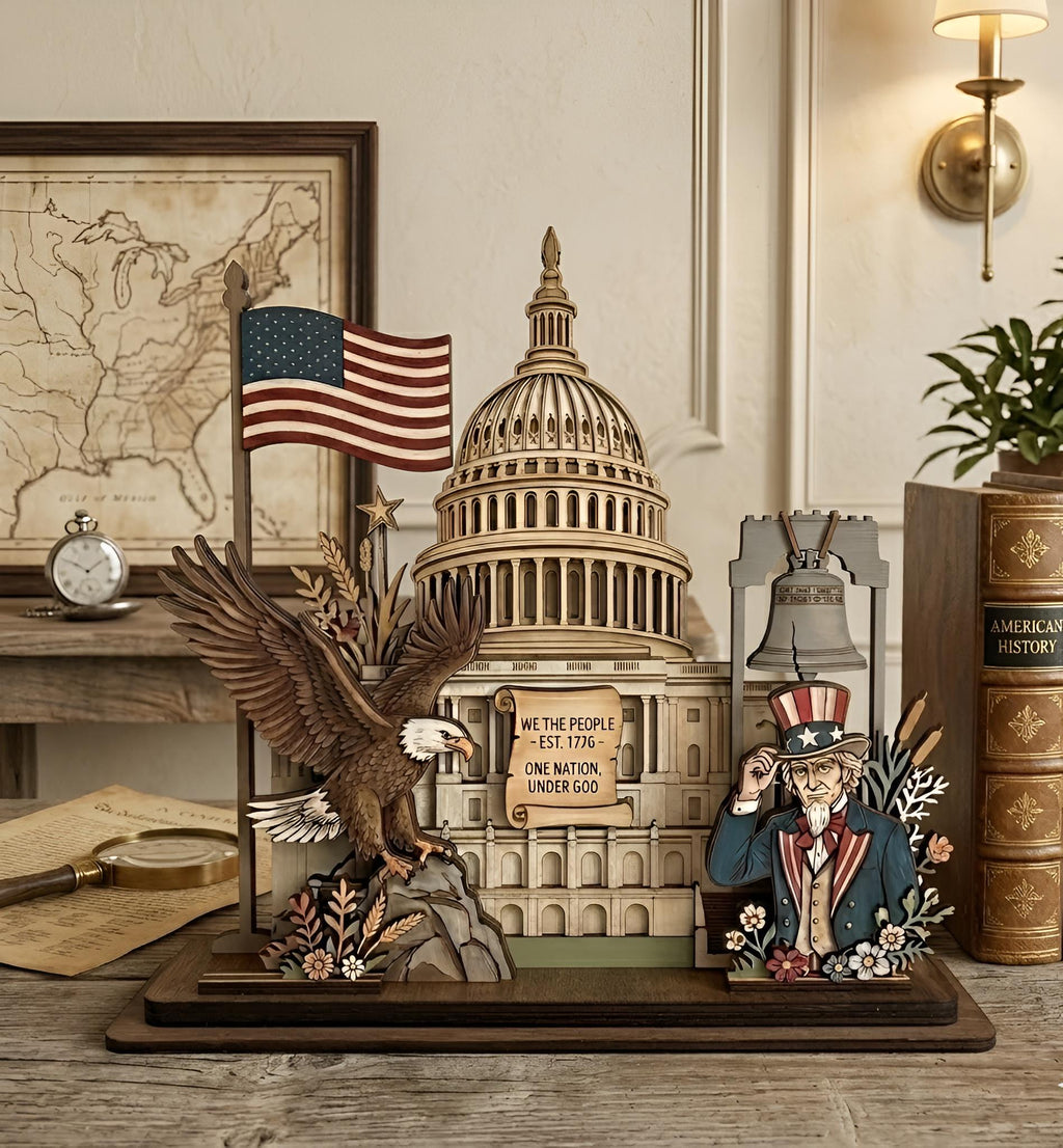 4th of July Patriotic Layered Wood Sign – USA 250th Anniversary Desk Decor