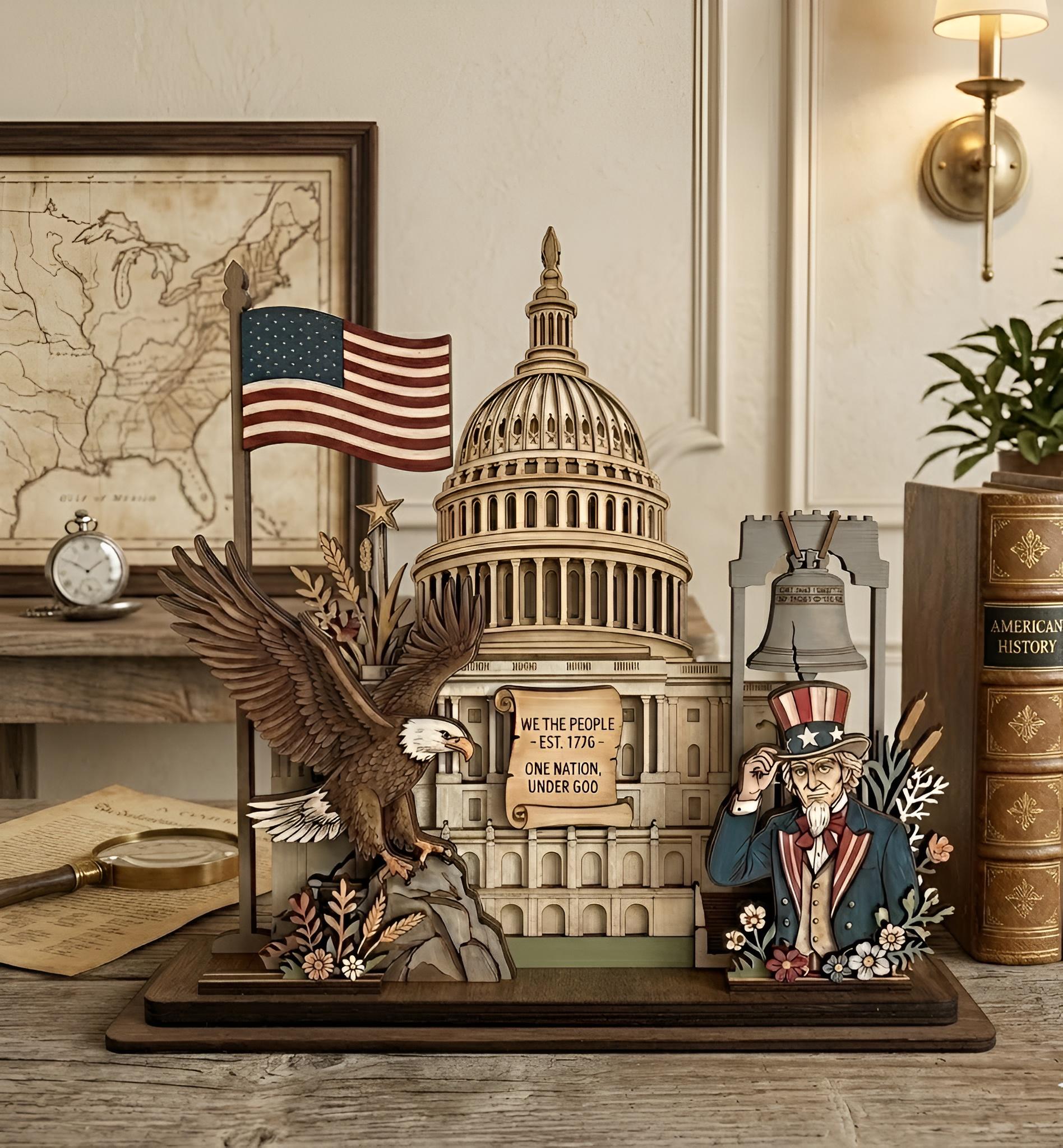 4th of July Patriotic Layered Wood Sign – USA 250th Anniversary Desk Decor