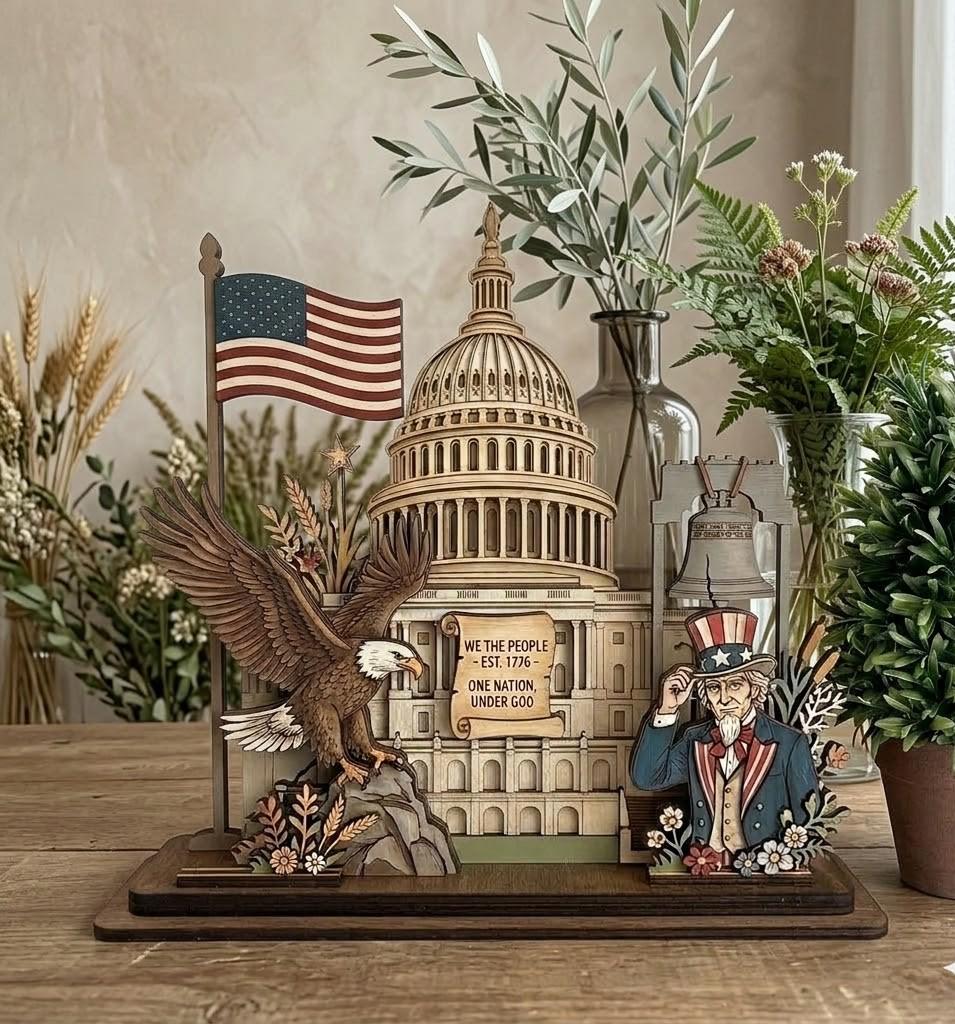 4th of July Patriotic Layered Wood Sign – USA 250th Anniversary Desk Decor
