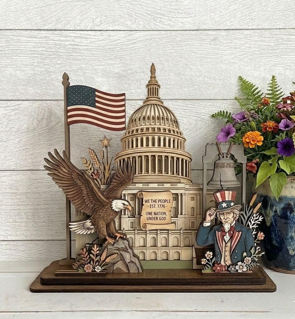 4th of July Patriotic Layered Wood Sign – USA 250th Anniversary Desk Decor