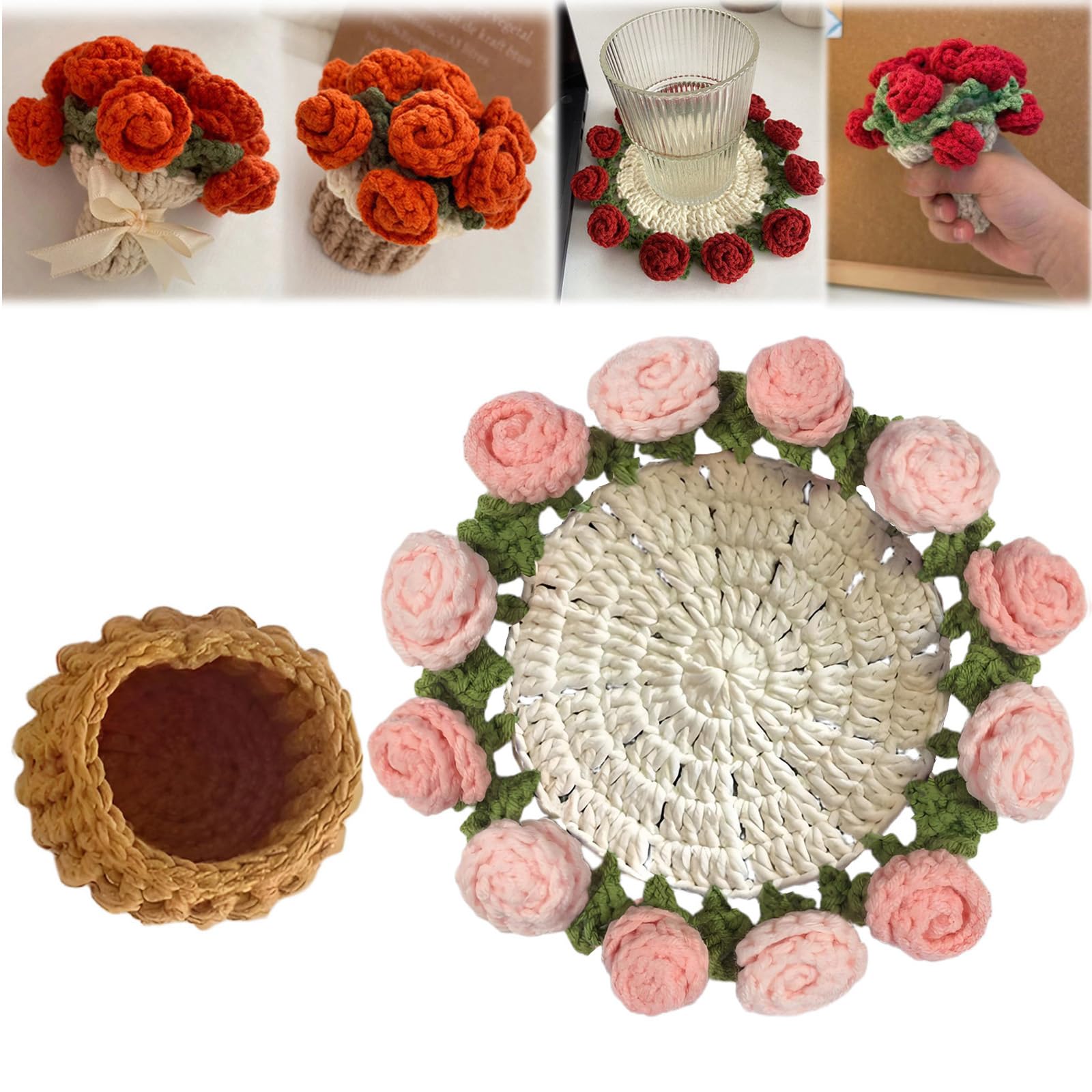 Flower Bouquet Blanket Coasters – Mini Handmade Crochet Rose Décor