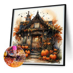 Halloween Pumpkin Street Diamond Painting Kit with glowing pumpkins, lanterns, and autumn décor. Fun diamond art kit for adults and Halloween décor.