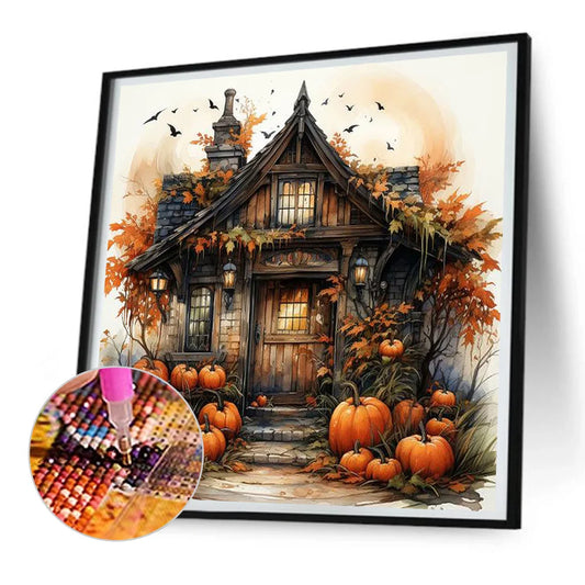 Halloween Pumpkin Street Diamond Painting Kit with glowing pumpkins, lanterns, and autumn décor. Fun diamond art kit for adults and Halloween décor.