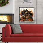 Halloween Pumpkin Street Diamond Painting Kit with glowing pumpkins, lanterns, and autumn décor. Fun diamond art kit for adults and Halloween décor.