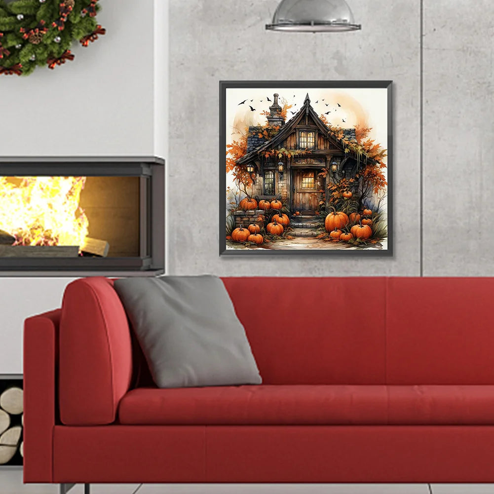 Halloween Pumpkin Street Diamond Painting Kit with glowing pumpkins, lanterns, and autumn décor. Fun diamond art kit for adults and Halloween décor.