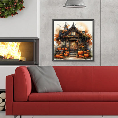 Halloween Pumpkin Street Diamond Painting Kit with glowing pumpkins, lanterns, and autumn décor. Fun diamond art kit for adults and Halloween décor.