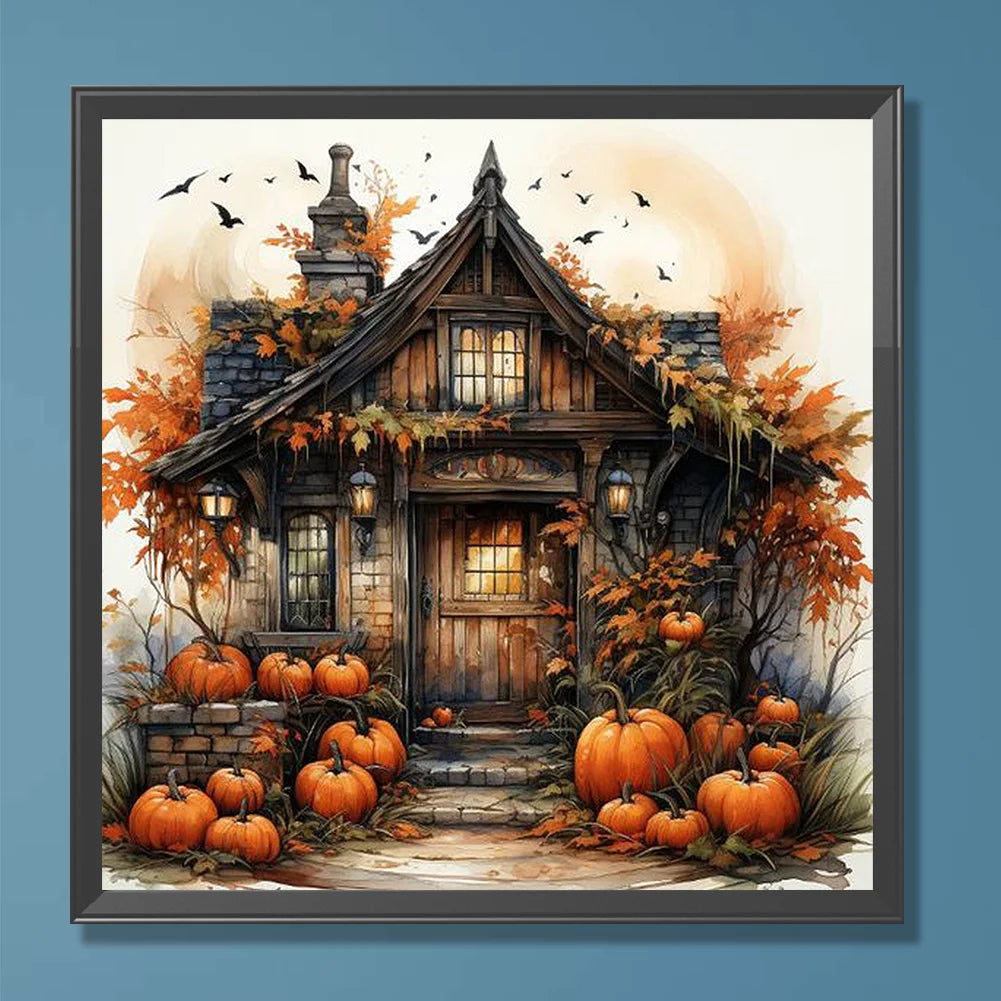 Halloween Pumpkin Street Diamond Painting Kit with glowing pumpkins, lanterns, and autumn décor. Fun diamond art kit for adults and Halloween décor.