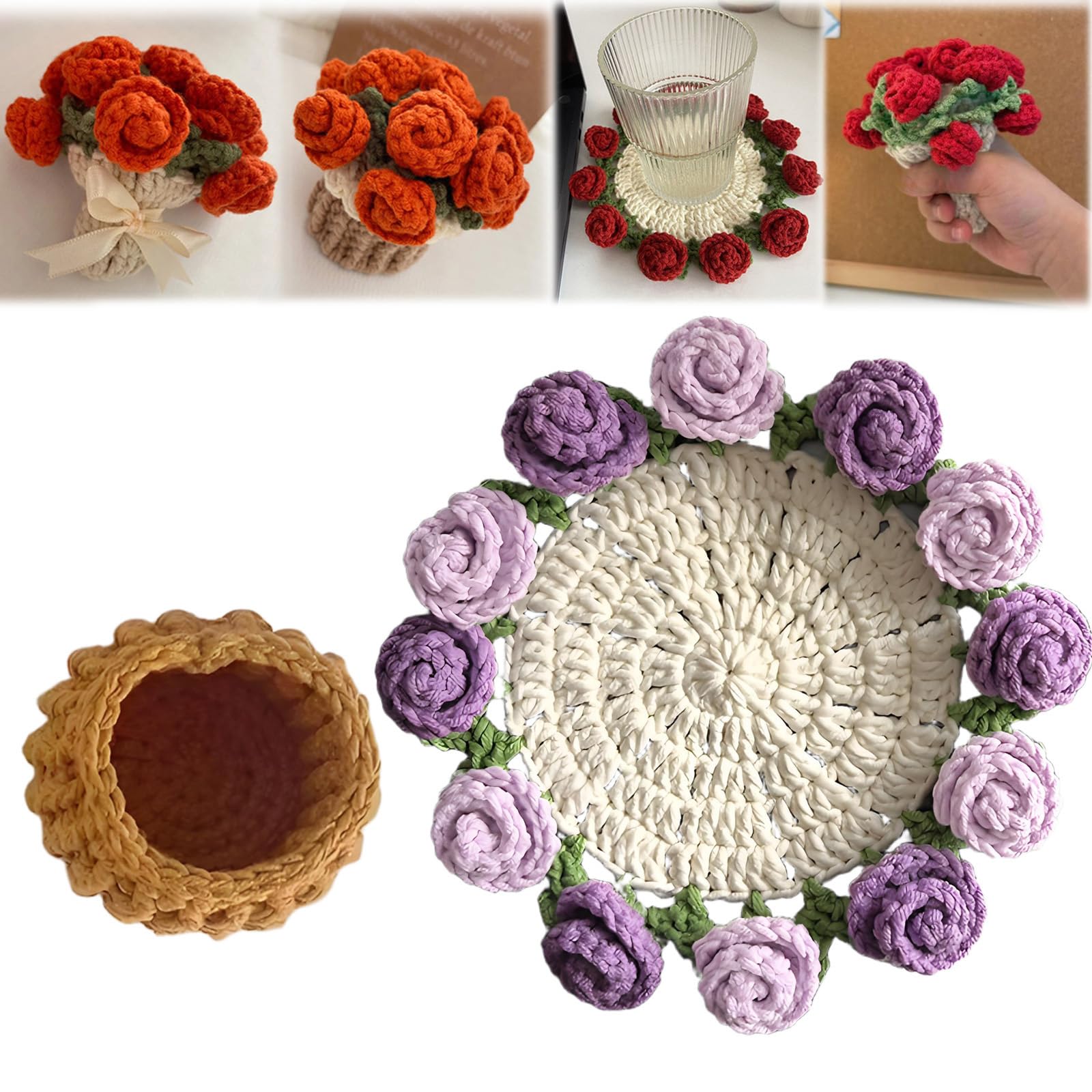 Flower Bouquet Blanket Coasters – Mini Handmade Crochet Rose Décor