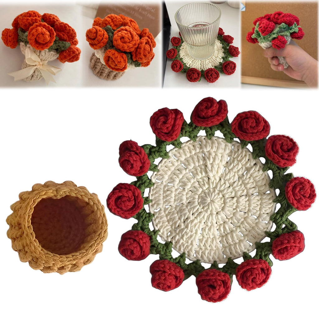 Flower Bouquet Blanket Coasters – Mini Handmade Crochet Rose Décor