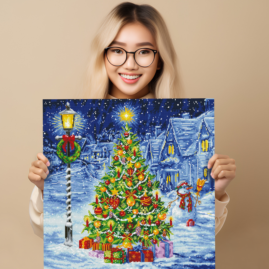 Snowy Christmas Tree Diamond Painting Kit with lights, ornaments, and winter wonderland design. Perfect Christmas diamond art décor and holiday gift for adults.