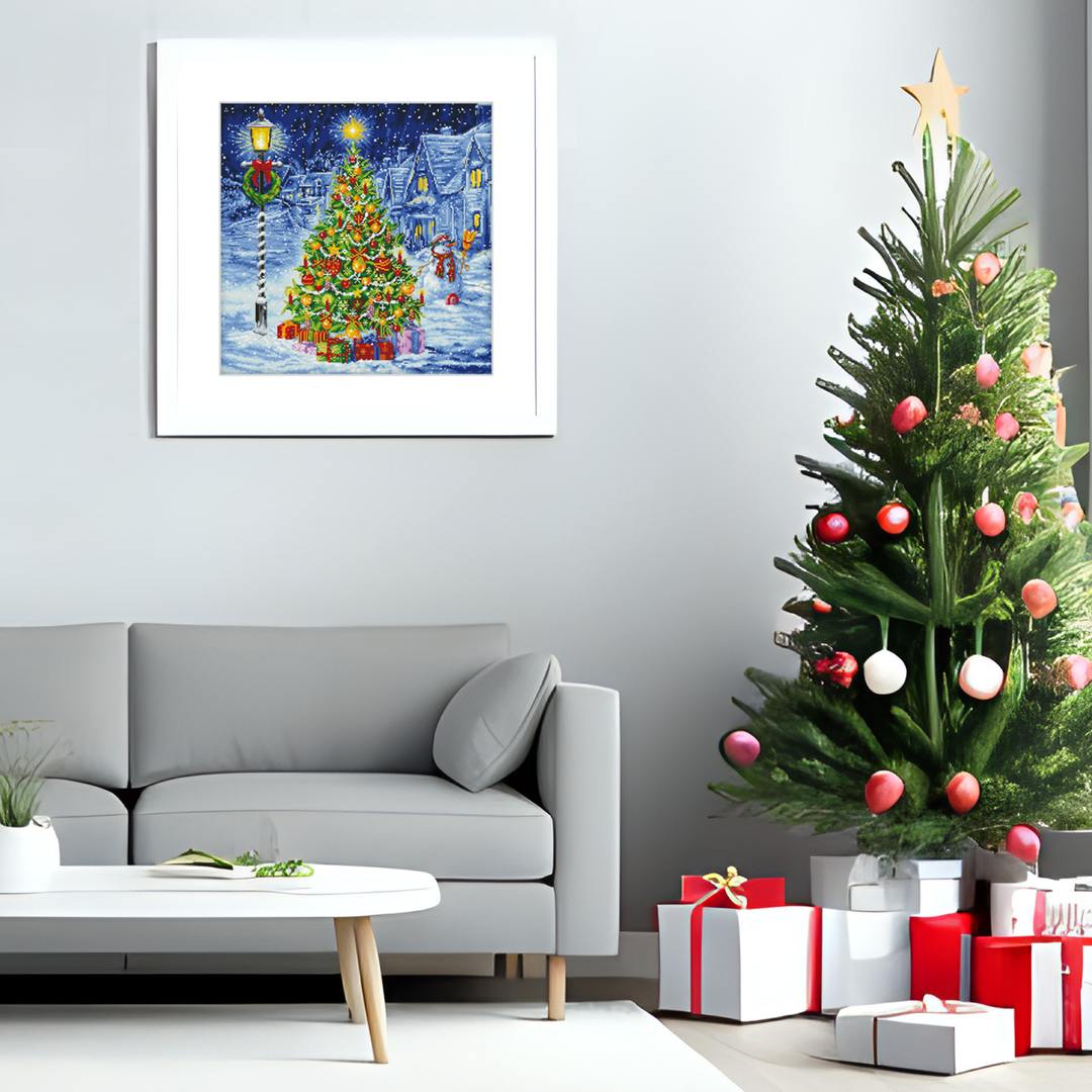 Snowy Christmas Tree Diamond Painting Kit with lights, ornaments, and winter wonderland design. Perfect Christmas diamond art décor and holiday gift for adults.