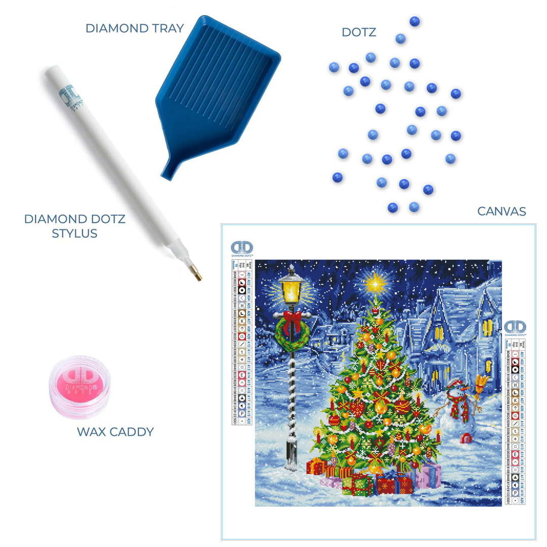 Snowy Christmas Tree Diamond Painting Kit with lights, ornaments, and winter wonderland design. Perfect Christmas diamond art décor and holiday gift for adults.
