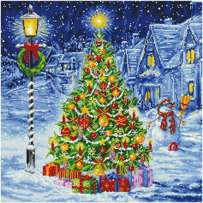 Snowy Christmas Tree Diamond Painting Kit with lights, ornaments, and winter wonderland design. Perfect Christmas diamond art décor and holiday gift for adults.