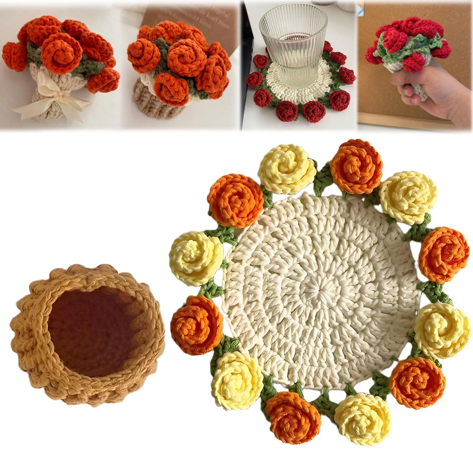 Flower Bouquet Blanket Coasters – Mini Handmade Crochet Rose Décor