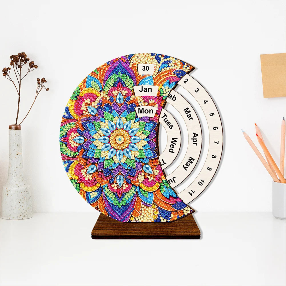 Mandala Diamond Painting Unique Wooden Rotating Calendar for Home Office