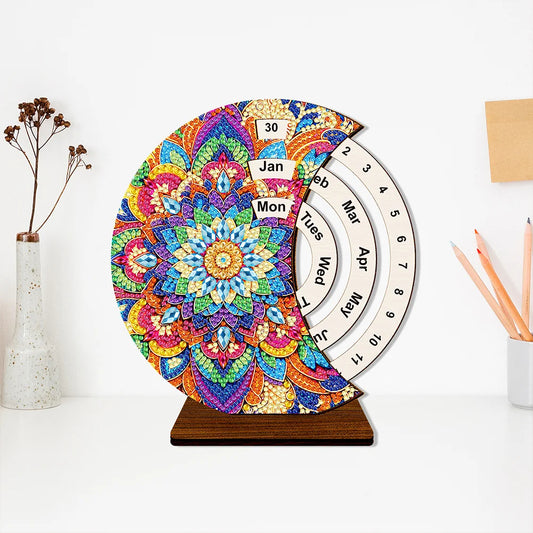 Mandala Diamond Painting Unique Wooden Rotating Calendar for Home Office